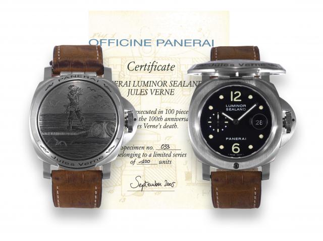 Panerai Jules Verne.Officine Panerai, Firenze 1860, Jules Verne Luminor.Sealand, No. HO 33/100, Ref. OP 6638, engraving by Purdey.Sons. Made in a limited edition of 100 examples in 2005 as a tribute.to Jules Verne..Very fine and very rare, large, self-win