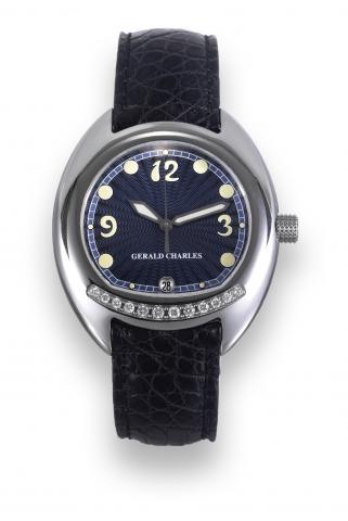 Stainless Steel and.Diamond Renaissance.Gerald Charles, Renaissance, No. 152.Ref. GC2. Made circa 2006..Fine and unusual, self-winding, centerseconds.stainless steel and diamond.wristwatch with date and a stainless.steel Gerald Charles deployant clasp..To