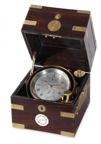 Two-Day Marine Chronometer.Parkinson Frodsham, Change Alley, London, No..3325. Made circa 1860..Fine, small, mahogany-cased two-day marine chronometer.with power reserve indication.