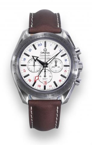 Broad Arrow GMT.Omega, Speedmaster Co-Axial Chronometer, GMT, case No. 78080932, Ref. 38813037. Made circa 2006..Fine, water-resistant, self-winding, two-time zone, stainless steel wristwatch with round button chronograph, registers, tachometer.date, stai