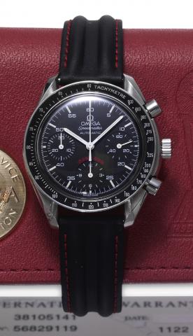 AC Milan.Omega, Speedmaster, Automatic, No. 1682/.1999, movement No. 56829119, Ref. SU 175.0039. Made in.a limited edition of 1999 examples in 1999 to commemorate.the 100th anniversary of the AC Milan..Fine, asymmetric, self-winding, water-resistant, stai