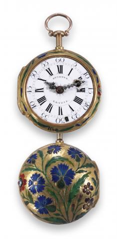 The Cornflowers.Dumb Quarter-Repeating.Etienne Lenoir a Paris, No. 1501. Made circa 1750..Fine, 20K gold, enamel and rose-cut diamond-set, dumb.quarter-repeating pocket watch..To be sold without reserve