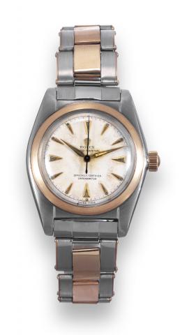 Steel and Pink Gold Bubble Back.Rolex, Oyster Perpetual Officially Certified Chronometer.case No. 619378, Ref. 5011. Made circa 1948..Fine and rare, tonneau-shaped, center seconds, self-winding.water-resistant, stainless steel and pink gold wristwatch wit