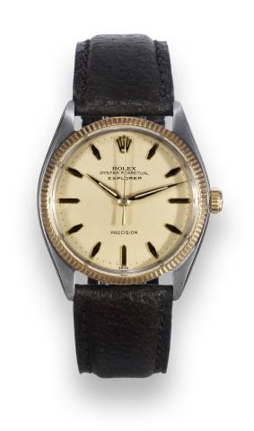 Ref. 5501, Explorer.Rolex, Oyster Perpetual, Explorer, Precision.case No. 846473, Ref. 5501. Made in 1962..Fine and very rare, center seconds, self-winding, water-resistant.stainless steel and 18K yellow gold wristwatch with a.gold plated Rolex buckle.