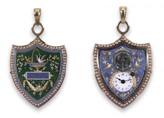 Amitie.Ant. Moilliet Cie, Geneve. Made circa 1800..Very fine and very rare, 18K gold, enamel and pearl-set shield-shaped.pendant watch with visible rose-cut diamond-set balance.