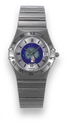 No. 8.Omega, Constellation No. 8, movement No. 80409806, Ref. BA 368.1201. Made in a numbered edition.in 1995..Very fine and rare, tonneau-shaped, center seconds, self-winding, 18K white gold wristwatch with polychrome cloisonn_.enamel Observatory dial, d