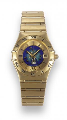 No. 8.Omega, Constellation No. 8, movement No. 55194795, Ref. BA 766.1201. Made in a numbered edition.in 1995..Very fine and rare, tonneau-shaped, center seconds, self-winding, 18K yellow gold lady
