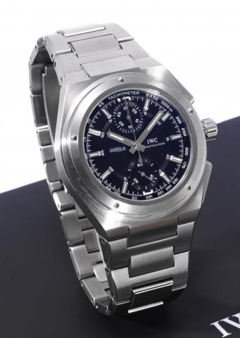 Ingenieur.IWC (nternational Watch Co.), Schaffhausen, Ingenieur, Chronograph, Automatic, case No. 3076223, Ref. 3725. Sold.in September, 2005..Fine and rare, tonneau-shaped, self-winding, water-resistant, stainless steel wristwatch with square button chro