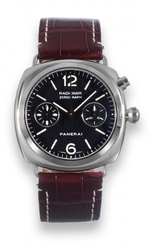 PAM 67, White Gold Zerograph.Officine Panerai, Radiomir, Zerograph,No..C75/99, Ref.OP 6544. Made in a limited edition of 99 examples.in 2000..Very fine and rare, cushion-shaped, water resistant, 18K white.gold wristwatch with single button chronograph, re
