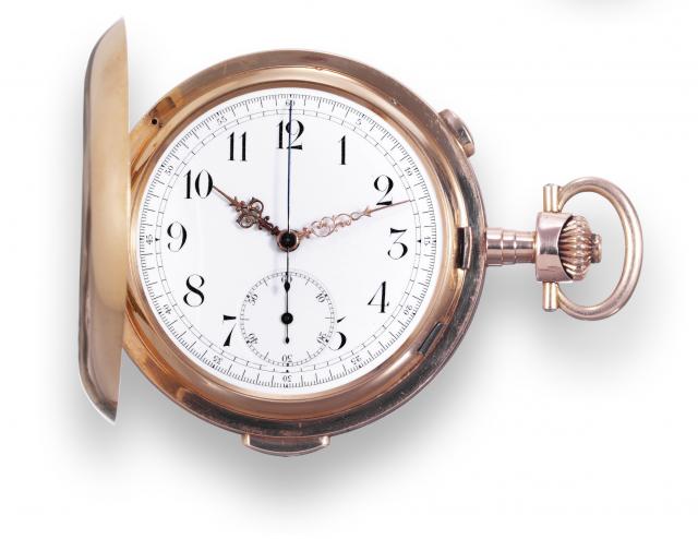 Quarter Repeating with Chronograph.Tempora (Le Phare), Le Locle La Chaux de Fonds, No. 325165. Made circa 1910..Fine, large, quarter-repeating, 14K pink gold hunting-cased keyless pocket watch with chronograph..To be sold without reserve