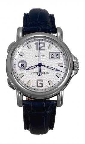 GMT Big Date.Ulysse Nardin, Le Locle, Suisse, GMT Big Date, No..5740, Ref. 223-88/60. Sold on May 19, 2005..Fine, center seconds, self-winding, water-resistant, two time.zone, stainless steel wristwatch with large date and a stainless.steel Ulysse Nardin 