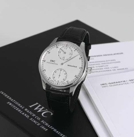 Platinum Portugieser Regulateur.IWC, Internation Watch Co., Schaffhausen, Portugieser Regulateur, No. 144/500, movement No. 2671339, case.No. 3181648, Ref. 5444. Made in a limited edition of 500 pieces in platinum in 2006..Fine, large, water-resistant, pl