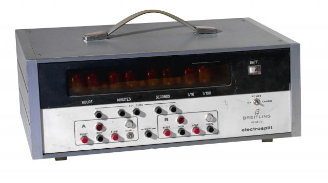Electrosplit.Breitling, Geneve, Electrosplit, No. 8660. Made circa 1970..Fine and rare, electronic 220v mains/12v battery operated timer with nixie-tube display.and settings to time up to two events..To be sold without reserve
