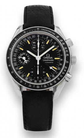 Speedmaster - Automatic, Triple Date.Omega, Speedmaster - Automatic, Triple Date, Ref. 175.0084 / 375.0084. Made in the 1990s..Fine, self-winding, water-resistant, stainless steel wristwatch with round button chronograph, registers, triple date, 24 hour.i