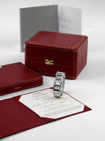 White Gold Tankissime.Cartier, Tankissime, case No. 296871CE, Ref. 2825. Sold on August 28th, 2006..Very fine and very elegant, square, water-resistant 18K white gold and diamonds lady
