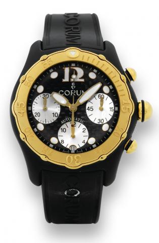 Black Bubble Diver.Corum, No.817281, Ref. 285.190.16, sold on July 31, 2003..Fine, curved, domed, self-winding, water-resistant, rubber-coated stainless steel and 18k gold wristwatch with round button.chronograph, registers and date on rubber strap with P