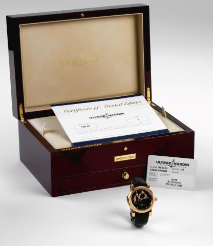 Minute Repeater with Automatons, No. 1.Ulysse Nardin, Le Locle, Suisse, R_p_tition Minutes, Jaquemart Forgerons, No. 1, Ref. 736-61. Made in a limited.edition of 50 pieces. Made in 2006, sold on June 18, 2007..Very fine and rare, minute-repeating, water-r