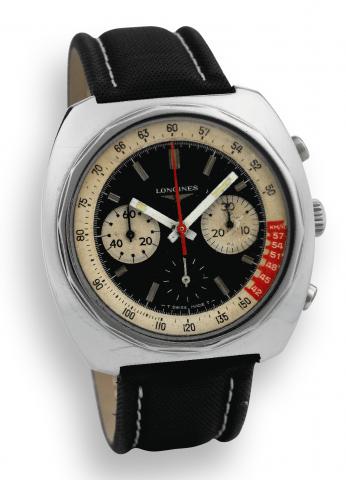 Longines, Ref. 8226-1. Made circa 1968..Fine and rare, cushion-shaped, water-resistant.stainless steel wristwatch with round button chronograph.registers and tachometer..To be sold without reserve