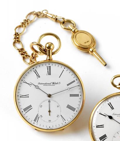 International Watch Co., Schaffhausen, No. 2295509, case No. 2296093, Ref. 5306. Made in the 1970s..Very fine and rare, key-wind, 18K yellow gold pocket watch. Accompanied by a 11 cm 18K yellow gold chain, 18K.yellow gold key, pouch and guarantee (now voi