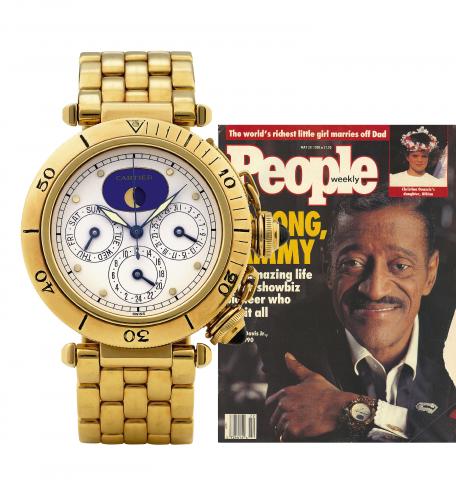 Sammy Davis' Pasha.Cartier, Pasha Quartz - Two Time Zone, case No. 30002, Ref. 0321. Made.in 1987..Fine and rare, two time zone, water-resistant, 18K yellow gold quartz wristwatch with.moon phases, day and date, on an 18K yellow gold Cartier brick-link br