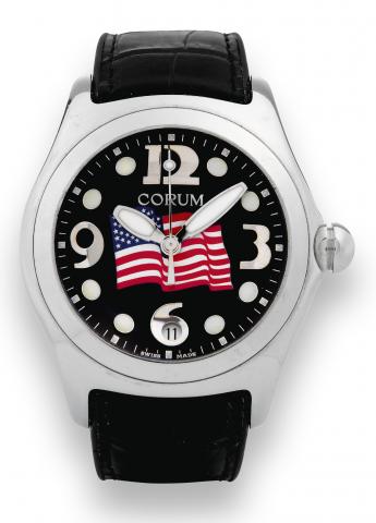 Bubble Boutique.Corum, Limited Edition In God We Trust No. 038.case No. 774869, Ref. 163.150.20. Made circa 2001..Fine and unusual, center seconds, water-resistant, curved.stainless steel quartz wristwatch with date, thick domed.crystal creating a lens ef