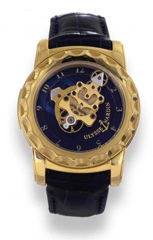 Yellow Gold Freak.Ulysse Nardin, Le Locle, The Freak, Ref 016-88. Sold on October 28th, 2008..Very fine and unusual, 18K pink gold wristwatch with 60-minute revolving movement, Ludwig Oechslin's dual direct escapement.seven-day power reserve and a Ulysse 