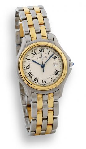 Cougar.Cartier, Cougar, No. 187904, Ref. 5402. Made.in the 1990s..Fine, water-resistant, stainless steel and gold quartz wristwatch.with date and a steel and gold Cartier link bracelet with.double deployant clasp..To be sold without reserve