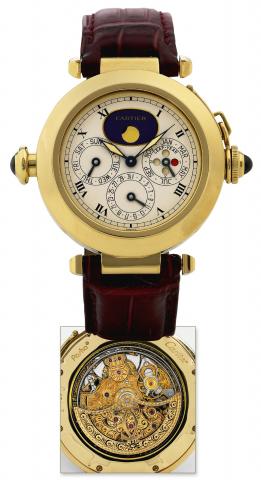 Pasha Minute Repeater.Cartier, Pasha, Automatic, Perpetual Calendar, Minute Repeating, No. 12.Ref. W30012. Made circa 1987..Very fine and rare, self-winding, water-resistant, minute repeating, 18K yellow gold.wristwatch with perpetual calendar, moon phase