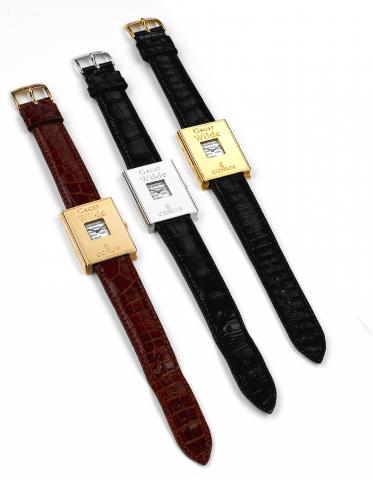 Oscar Wilde.Corum. Made in the 1990s in a limited edition of 50 pieces each..A very fine set of three 18K gold quartz wristwatches dedicated to Oscar Wilde, each.with an 18K gold Corum buckle. Accompanied by three Golden Book Certificates.and the original