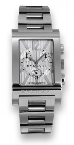 Bulgari, Rettangolo Chronograph.case No. L23086, Ref..RTC49S. Made in the 2000s..Fine, rectangular, curvex, stainless steel.quartz wristwatch, square button chronograph.registers, date and a stainless.steel Bulgari link bracelet with concealed.double depl