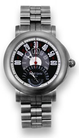 Arena BiRetro.G_rald Genta, Arena BiRetro.case No. 119361, Ref. BSP.Y.80. Made.circa 2006..Fine, self-winding, water-resistant, jump.hour titanium wristwatch with retrograde.minutes and retrograde date with.a titanium G_rald Genta link bracelet.with conce