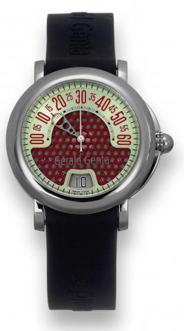 Retro Sport.G_rald Genta, Retro Sport,.case No. 107185, Ref. RSP. X. 10. Made.in the 2000s..Fine, center seconds, self-winding.water-resistant, jump hour stainless steel.wristwatch with retrograde minutes and.a stainless steel G_rald Genta double.deployan