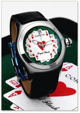 For a Poker Player.Corum, Bubble _ Royal Flush, case No. 1754169.Ref. 082.170.20. Made in a limited edition in 2006..Fine and unusual, large and curved, self-winding, waterresistant.stainless steel wristwatch with center-seconds, thick.domed crystal creat
