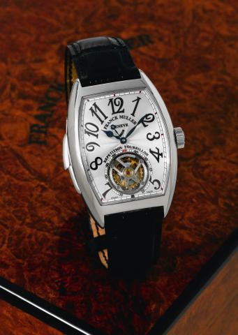 Platinum Minute-Repeater Tourbillon.Franck Muller, Geneve, Cintr_e Curvex R_p_tition.Tourbillon No. 09, Ref. 7880 RM T. Made circa 2007..Very fine and very rare, large, curved tonneau-shaped.platinum wristwatch with visible one-minute flying tourbillon.re