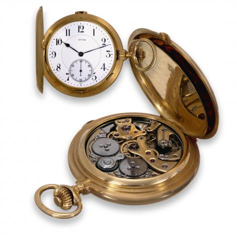 Minute Repeating.Grande Petite Sonnerie Clockwatch.Invar (Achille Hirsch), La Chaux-de-Fonds, case No. 77739..Made circa 1905..Very fine and very rare, minute-repeating, grande and petite.sonnerie striking, two-train, 18K yellow gold, hunting cased.keyl