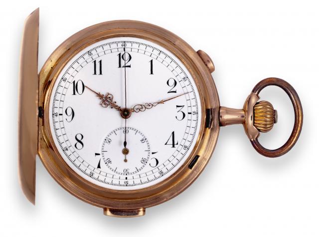 Quarter Repeating with Chronograph.Tempora (Le Phare), Le Locle La Chaux de Fonds.No. 34213. Made circa 1910..Fine, large, quarter-repeating, 14K pink gold hunting-cased.keyless pocket watch with chronograph..To be sold without reserve