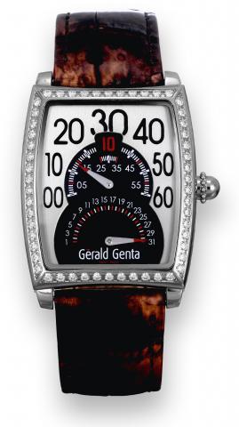 Solo Bir_tro.G_rald Genta, Solo Bir_tro, case No. 115758.Ref. BSO.L.10. Made circa 2006..Fine, tonneau-shaped and curved, jump hour, self-winding.water-resistant, stainless steel and diamond wristwatch with.retrograde minutes and retrograde date with a st