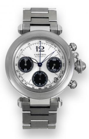 Pasha C.Chronograph.Cartier, Pasha C Chronograph, Automatic.case No. 520753CD, Ref. 2412..Fine, self-winding, water-resistant, stainless.steel wristwatch with roundbutton.chronograph, registers, date.tachometer and a stainless steel Cartier.link bracelet 
