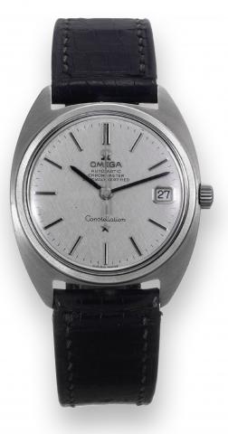 White Gold.Constellation.Omega, Constellation, Automatic, Chronometer.Officially Certified, movement.No. 26886520, case No. 709190, Ref..168027. Made in 1968..Fine and rare, tonneau-shaped, water.resistant, center seconds, self-winding.18K white gold chro