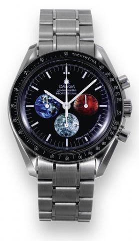Omega, Speedmaster.Professional, From The Moon.To Mars, No. 1637, movement.No. 77143959, Ref. SU 145.0228..Sold on March 9, 2005..Fine, asymmetric, water-resistant, stainless.steel wristwatch with round button.chronograph, registers and black bezel.with t