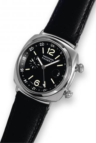 PAM 184, Radiomir GMT.Officine Panerai, Radiomir Panerai GMT, No..G0511/1000, BB1121014, Ref. OP 6604. Made in a limited.edition of 1000 pieces in 2004..Fine, large, cushion-shaped, two-time-zone, self-winding.water-resistant, stainless steel wristwatch w