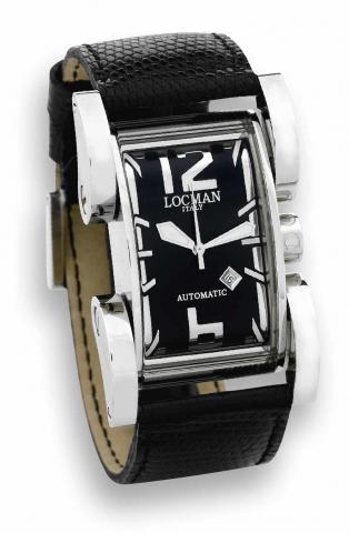 Locman, Italy, Automatic, No. 00259, Ref. 501. Made.circa 2004..Fine, rectangular curved, center seconds, self-winding, waterresistant.stainless steel wristwatch with date and a stainless.steel Locman buckle..To be sold without reserve