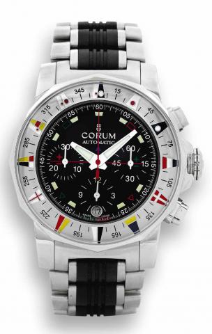 Admiral's Cup Regatta.Corum, No. 830203, Ref. 985.630.20. Made in 2003.sold January 28, 2004..Very fine, water-resistant, self-winding, stainless steel chronometer.wristwatch with date, oval button chronograph.registers and a stainless steel Corum integra