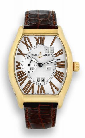 Ludovico Perpetual Calendar.Ulysse Nardin, Ludovico Perpetual Calendar, No..105, Ref. 336-48. Made circa 2002..Fine, tonneau-shaped, curved, self-winding, water-resistant.18K yellow gold wristwatch with perpetual calendar and an.18K yellow gold Ulysse Nar