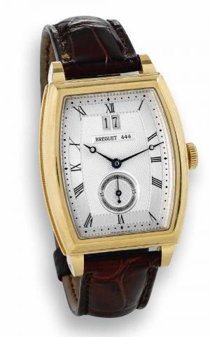 Yellow Gold Heritage.Breguet, Heritage, No. 444, Ref. 5480. Sold.February 22, 2004..Very fine, large, tonneau-shaped and curved, self-winding.water-resistant, 18K yellow gold wristwatch with large date.and an 18K yellow gold Breguet deployant clasp. Accom