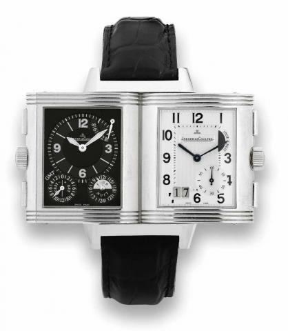 Reverso Grande GMT.Jaeger LeCoultre, Reverso Grande GMT, 1000.Hours Control, case No. 2218752, Ref. 240.8.18. Sold.December 3, 2004..Very fine and rare, rectangular and reversible, two time zone.double-face, stainless steel wristwatch with 8-day power.res