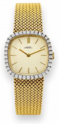 Girard-Perregaux, La Chaux-de-Fonds, case No..999713, Ref. B 2295. Made in the 1970s..Fine, cushion-shaped, 14K yellow gold and diamond wristwatch.with an integral 14K yellow gold Girard-Perregaux.mesh bracelet and clasp with raised initials: HGX.