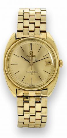 Constellation.Omega, Constellation, Automatic Chronometer, Officially Certified, No. 24818247, Ref. CD 168.017. Made.circa 1968..Fine, tonneau-shaped, center seconds, self-winding, water-resistant, 14K gold cap on stainless steel wristwatch.with date and 
