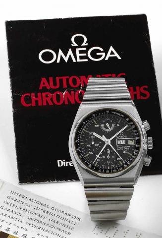 Omega Speedmaster, Automatic, No. 39192356, Ref. ST 176.0015. Made circa 1975..Fine and rare, self-winding, water-resistant, tonneau-shaped, stainless steel wristwatch with day, date.round button chronograph, 12-hour register, central minute recorder, tac