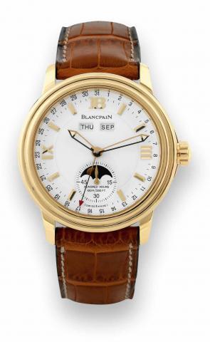 Yellow Gold Triple Date.Blancpain, Automatic, Hundred Hours, 100 m/.330 ft, No. 145, Ref. 6553. Made circa 1998, sold September.25th, 1999..Fine, self-winding, water-resistant, 18K yellow gold wristwatch.with triple date, moon phases, 100 hour power reser